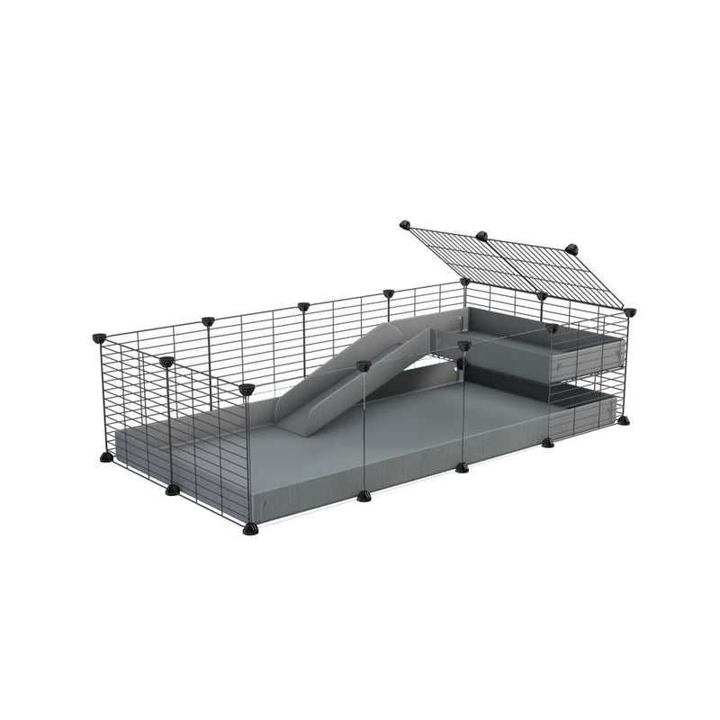 a 4x2 C&C guinea pig cage with clear transparent plexiglass acrylic panels  with a loft and a ramp grey coroplast sheet and baby bars by kavee