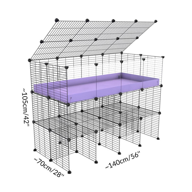 Dimensions of a tall 4x2 C&C guinea pigs cage with clear transparent plexiglass acrylic panels  with a top a double stand grey coroplast and safe small hole black CC grids sold in UK by kavee
