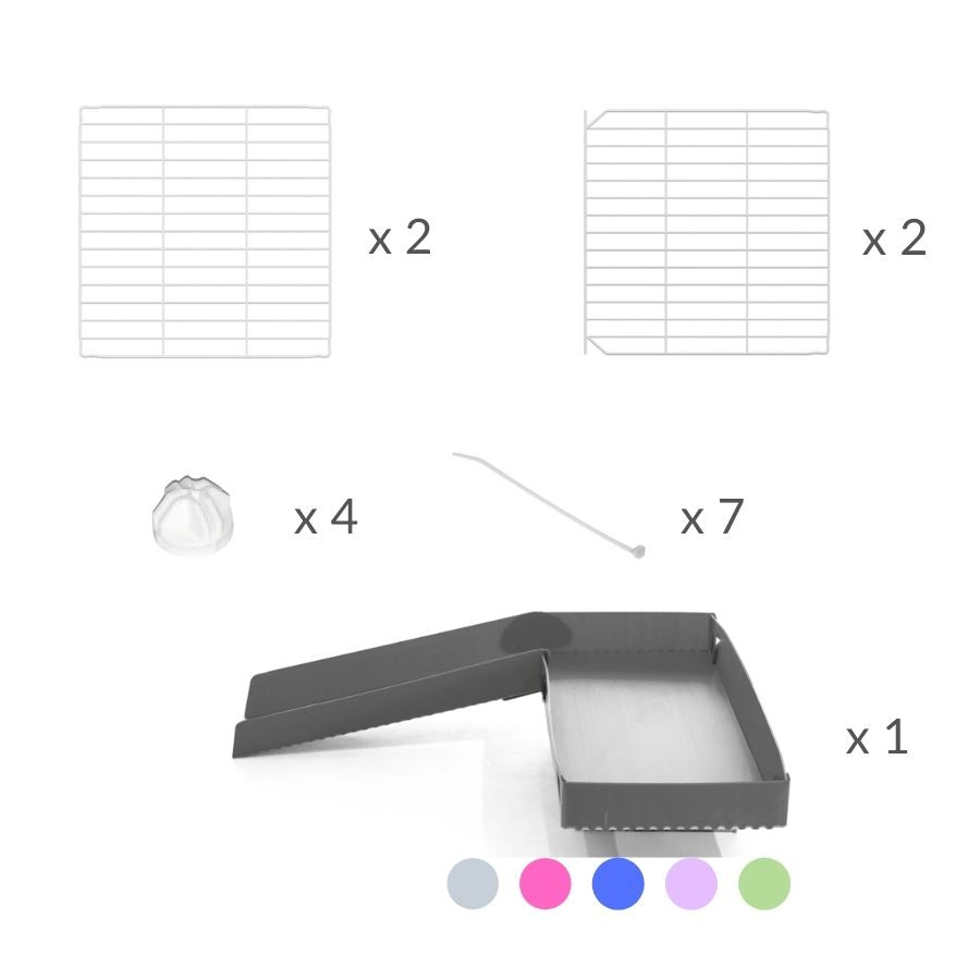 Composition of A set containing a grey coroplast ramp and 1x2 loft and baby proof safe C and C white CC grids by kavee uk
