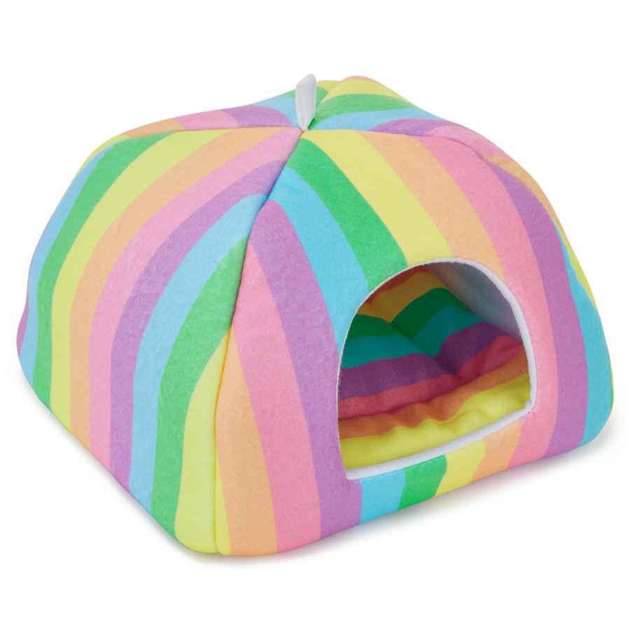 a guinea pig hidey house made of rainbow fleece by kavee