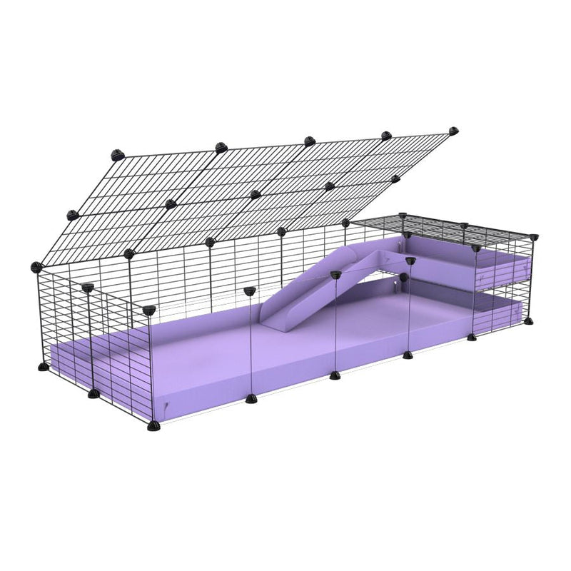 a 2x5 C and C guinea pig cage with clear transparent plexiglass acrylic panels  with loft ramp lid small hole size grids purple lilac pastel coroplast kavee