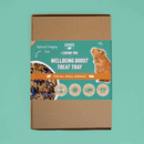 Gif of Kavee's wellbeing boost tray box on blue background with flower decorations