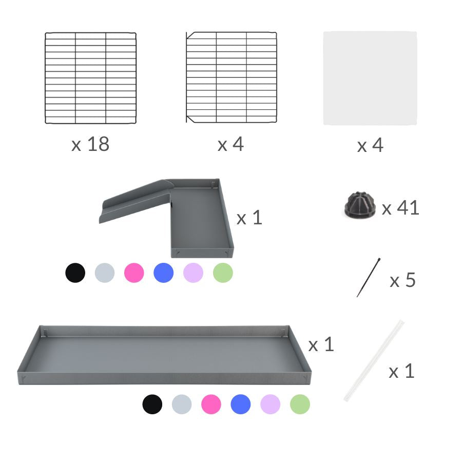 Material for a 2x5 C and C guinea pig cage with clear transparent plexiglass acrylic panels  with loft ramp lid small hole size grids purple lilac pastel coroplast kavee