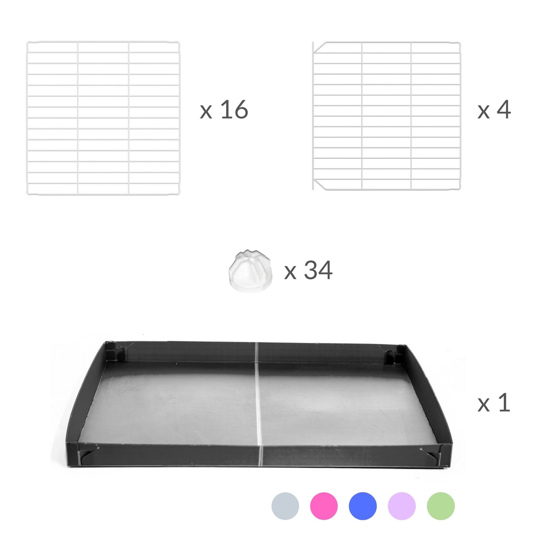 Components of A 2x4 C and C cage for guinea pigs with grey coroplast a lid and small hole white CC grids from brand kavee