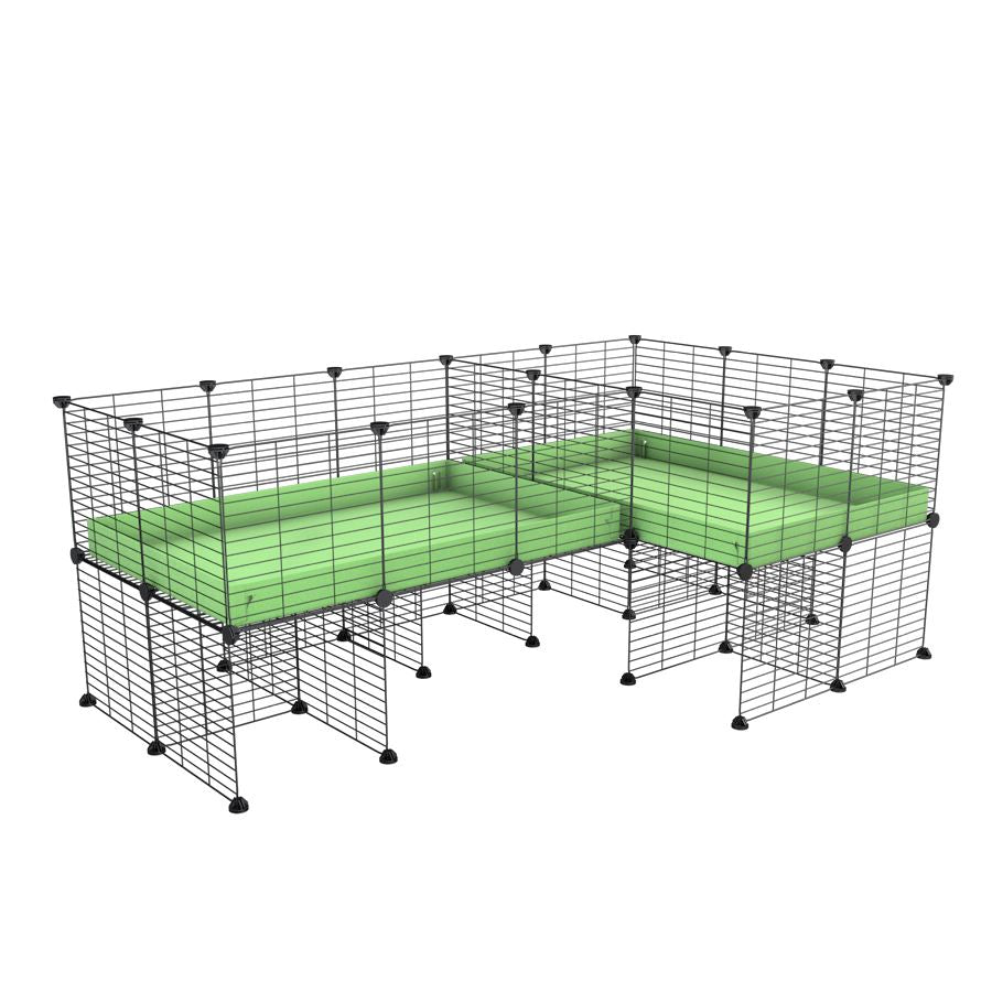 A 6x2 L-shape C&C cage with divider and stand for guinea pig fighting or quarantine with green coroplast from brand kavee