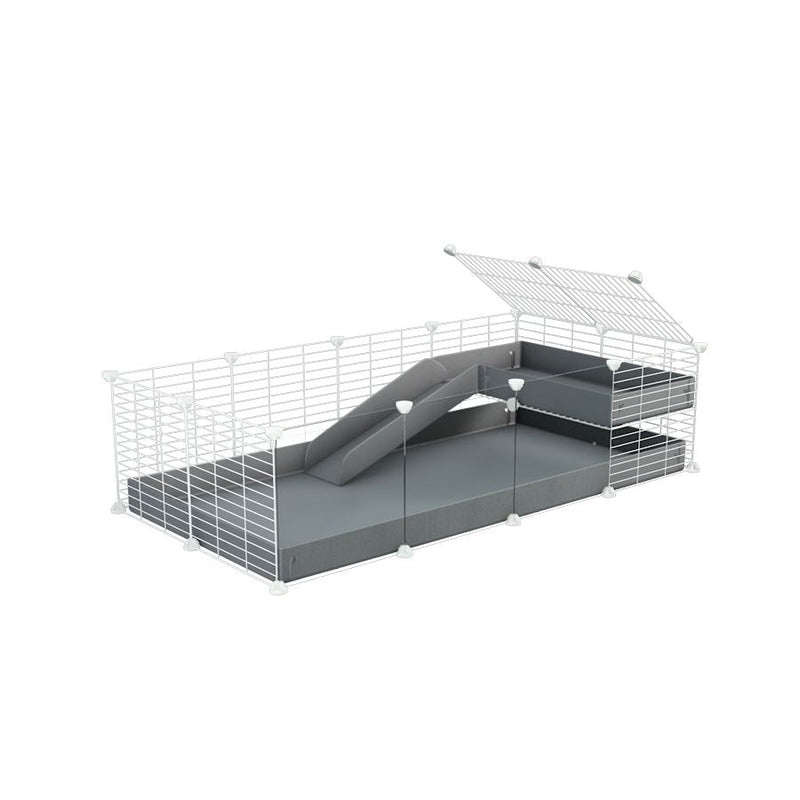 a 4x2 C&C guinea pig cage with clear transparent plexiglass acrylic panels  with a loft and a ramp grey coroplast sheet and baby bars white C and C grids by kavee