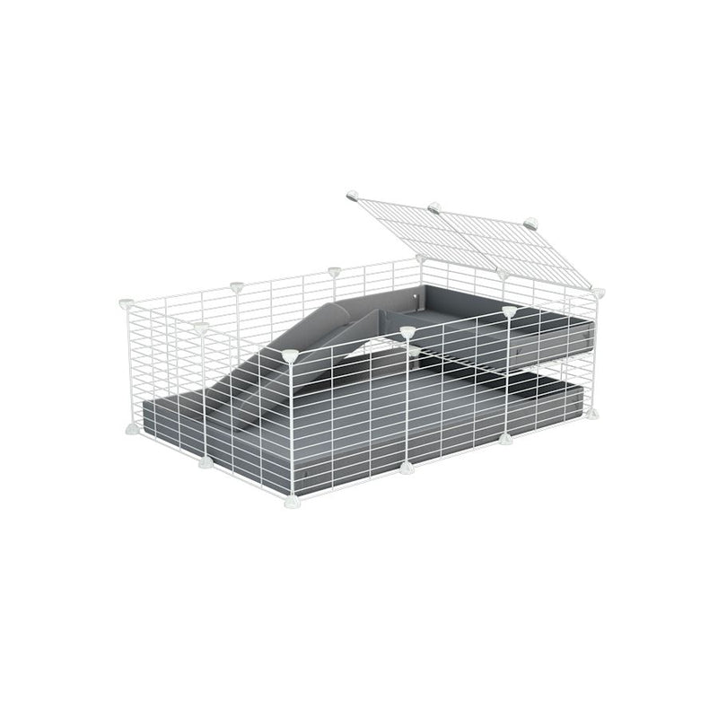 a 3x2 C&C guinea pig cage with a loft and a ramp grey coroplast sheet and baby bars white CC grids by kavee