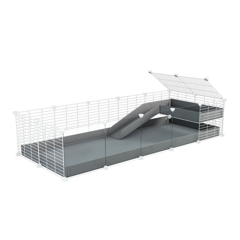 a 5x2 C&C guinea pig cage with clear transparent plexiglass acrylic panels  with a loft and a ramp grey coroplast sheet and baby bars white grids by kavee