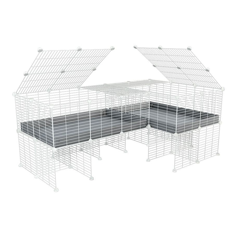 A 6x2 L-shape white C&C cage with lid divider stand for guinea pig fighting or quarantine with grey coroplast from brand kavee