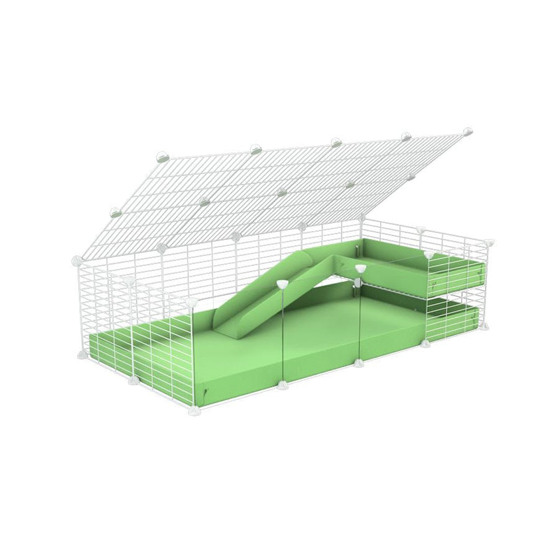 a 2x4 C and C guinea pig cage with clear transparent plexiglass acrylic panels  with loft ramp lid small hole size white grids green pastel pistachio coroplast kavee