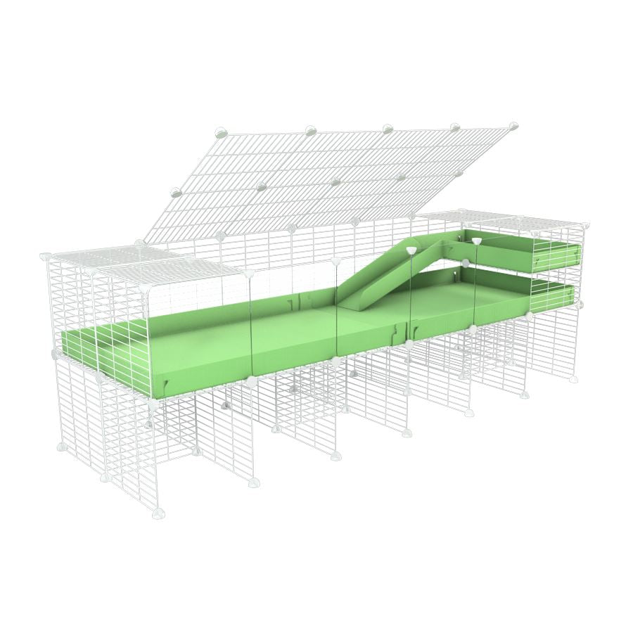 A 2x6 C and C guinea pig cage with clear transparent plexiglass acrylic panels  with stand loft ramp lid small size meshing safe white grids green pastel pistachio correx sold in UK