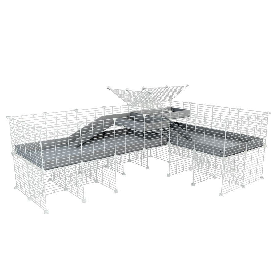 A 8x2 L-shape white C&C cage with divider and stand loft ramp for guinea pig fighting or quarantine with grey correx from brand kavee