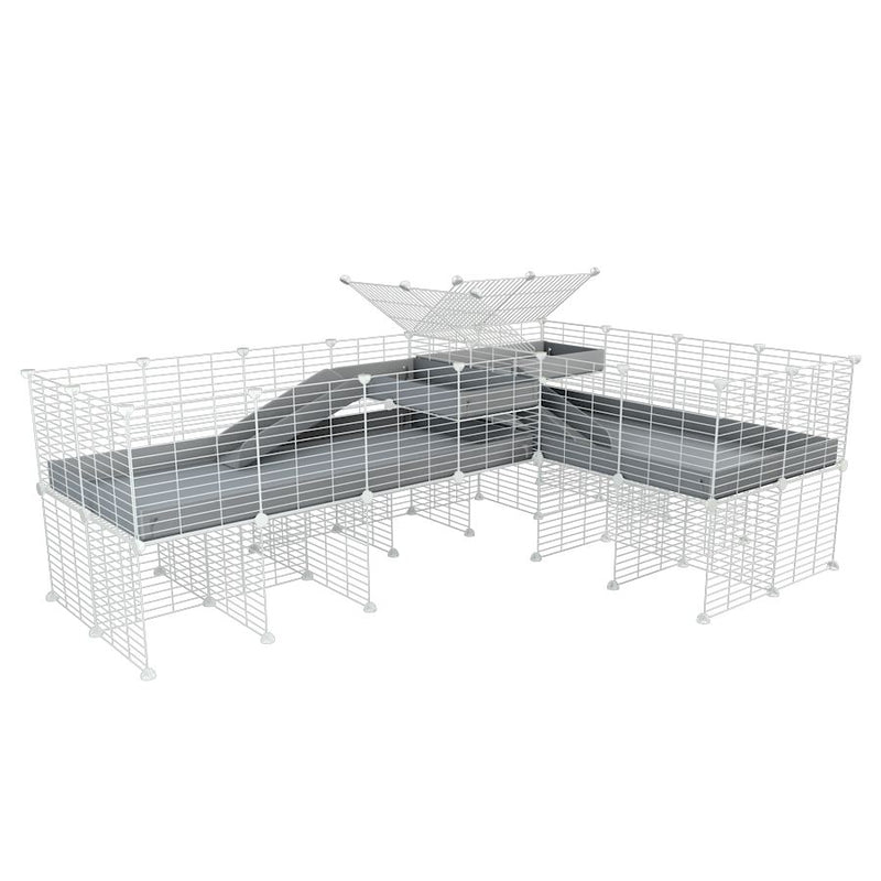 A 8x2 L-shape white C&C cage with divider and stand loft ramp for guinea pig fighting or quarantine with grey correx from brand kavee