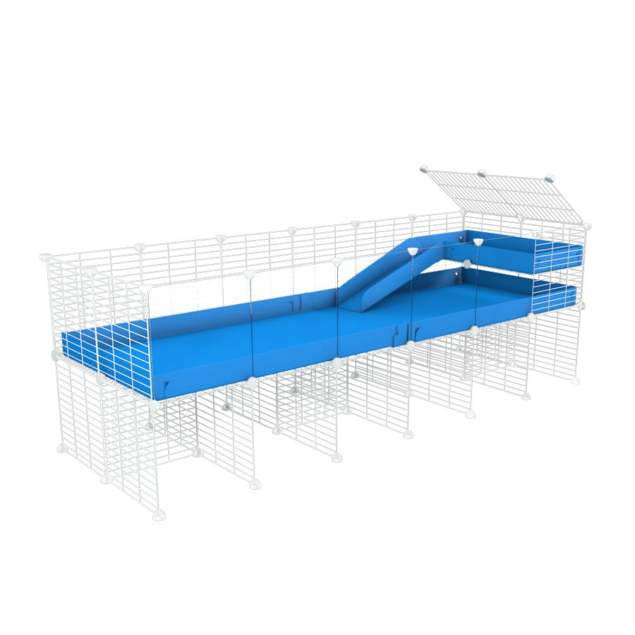 a 6x2 CC guinea pig cage with clear transparent plexiglass acrylic panels  with stand loft ramp small mesh white C&C grids blue corroplast by brand kavee