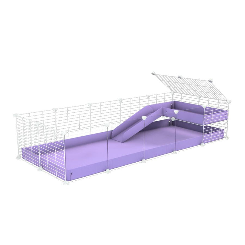 a 5x2 C&C guinea pig cage with clear transparent plexiglass acrylic panels  with a loft and a ramp purple lilac pastel coroplast sheet and baby bars by kavee