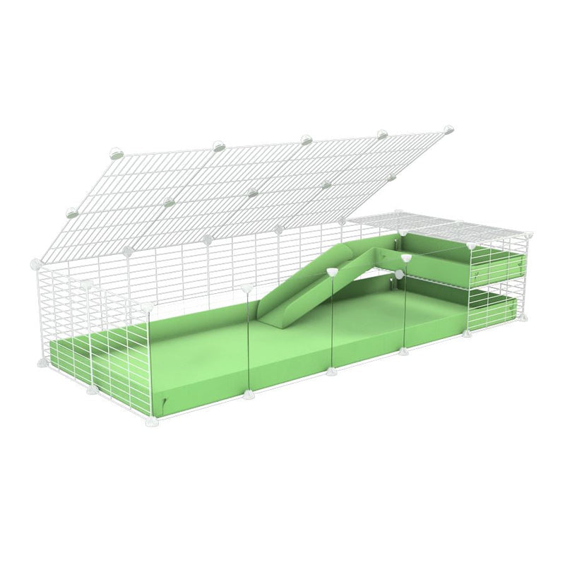 a 2x5 C and C guinea pig cage with clear transparent plexiglass acrylic panels  with loft ramp lid small hole size white grids green pastel pistachio coroplast kavee