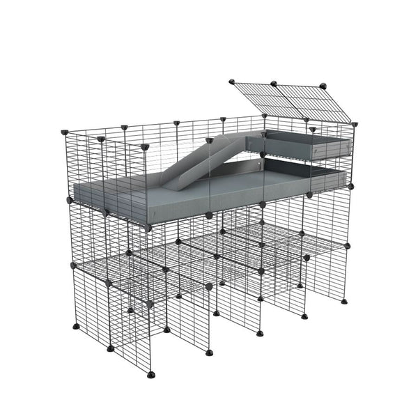 A 4x2 kavee grey C&C guinea pig cage with clear transparent plexiglass acrylic panels  with three levels a loft a ramp made of small size hole safe grids