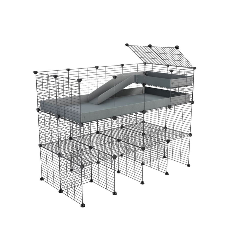 A 4x2 kavee grey C&C guinea pig cage with clear transparent plexiglass acrylic panels  with three levels a loft a ramp made of small size hole safe grids