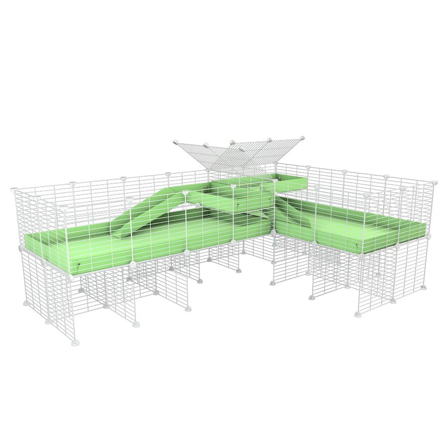 A 8x2 L-shape white C&C cage with divider and stand loft ramp for guinea pig fighting or quarantine with green correx from brand kavee