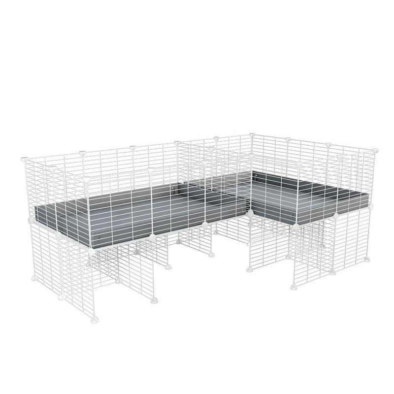 A 6x2 L-shape white C&C cage with divider and stand for guinea pig fighting or quarantine with grey coroplast from brand kavee
