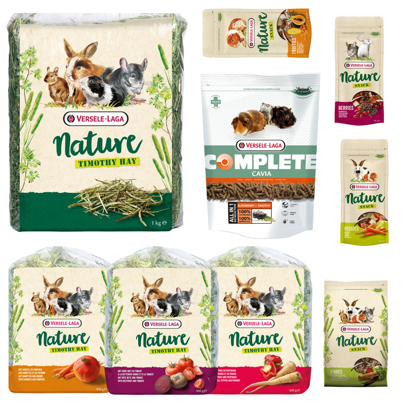 Guinea pig starter kit - Bundle of food pellets, hay, snacks & treats kavee versele laga nature
