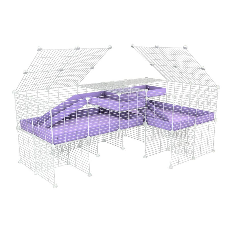 A 6x2 L-shape white C&C cage with lid divider stand loft ramp for guinea pig fighting or quarantine with lilac coroplast from brand kavee
