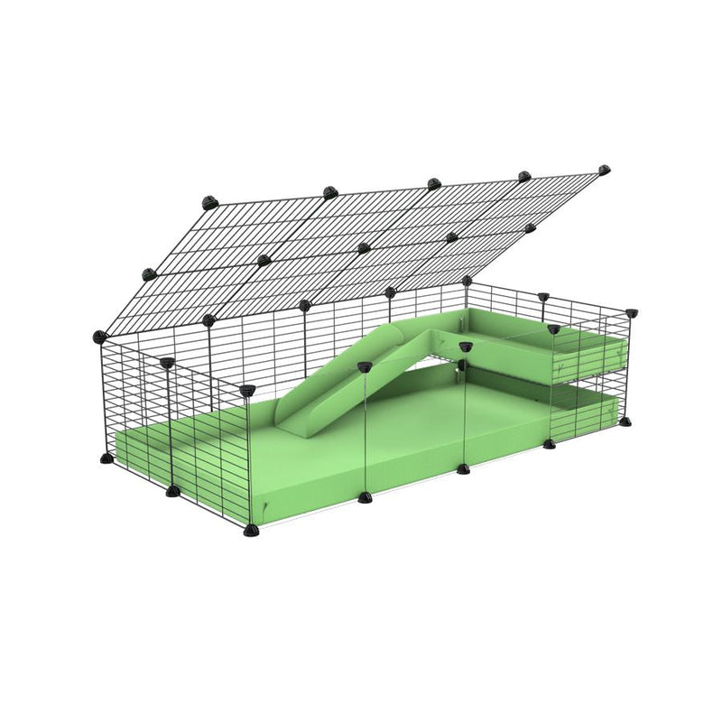a 2x4 C and C guinea pig cage with clear transparent plexiglass acrylic panels  with loft ramp lid small hole size grids green pastel pistachio coroplast kavee