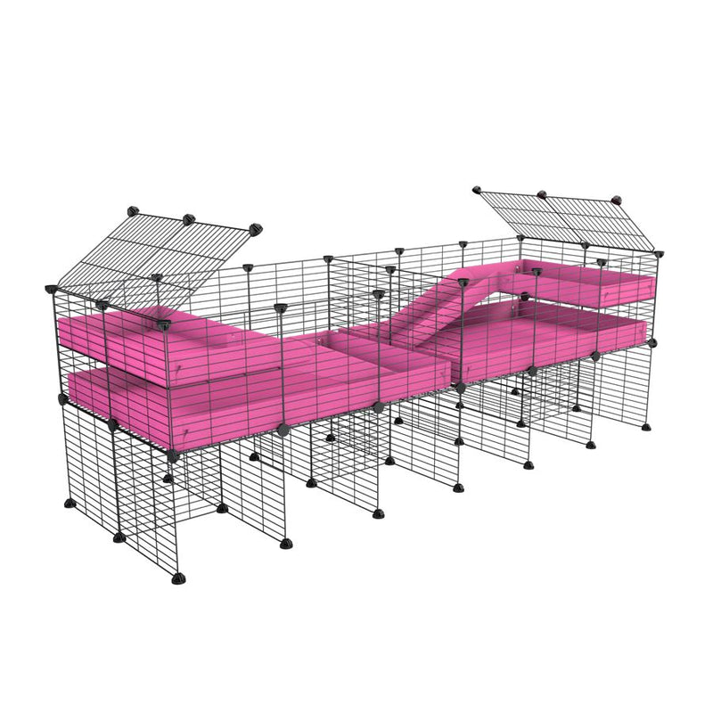 A 6x2 C&C cage with divider and stand loft ramp for guinea pig fighting or quarantine with pink coroplast from brand kavee