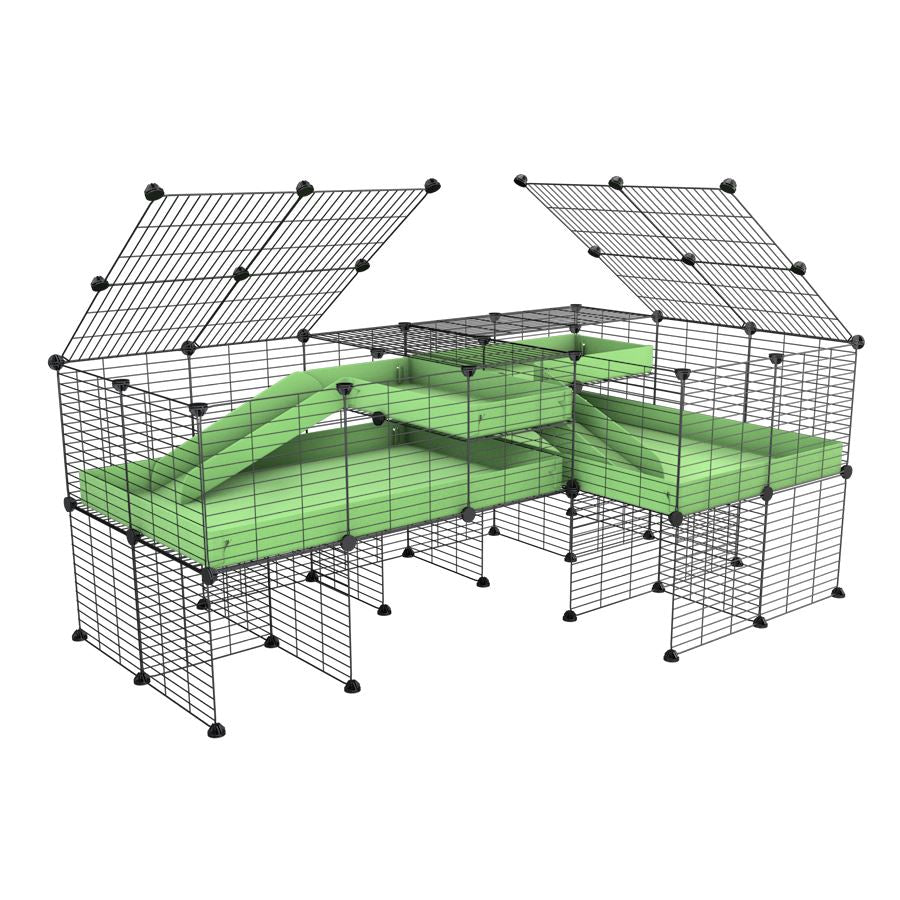 A 6x2 L-shape C&C cage with lid divider stand loft ramp for guinea pig fighting or quarantine with green coroplast from brand kavee