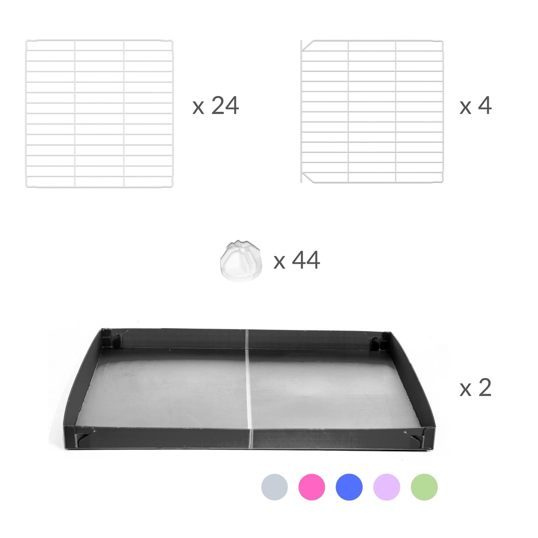 Components of A 2x6 C and C cage for guinea pigs with grey coroplast a lid and small hole white C and C grids from brand kavee