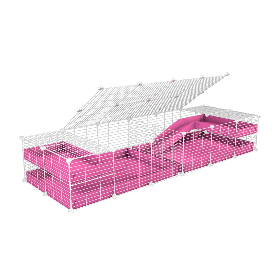 A 6x2 white C&C cage with lid divider loft ramp for guinea pig fighting or quarantine with pink coroplast from brand kavee