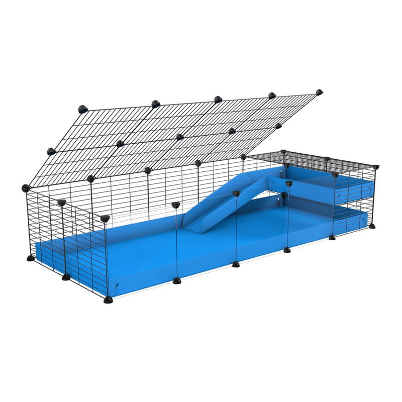 a 2x5 C and C guinea pig cage with clear transparent plexiglass acrylic panels  with loft ramp lid small hole size grids blue coroplast kavee