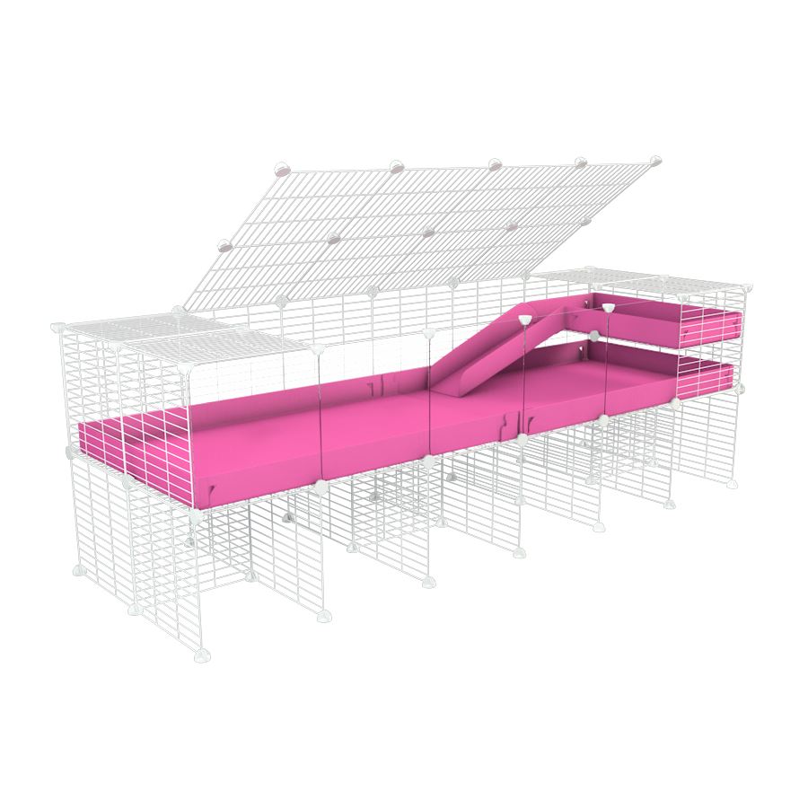 A 2x6 C and C guinea pig cage with clear transparent plexiglass acrylic panels  with stand loft ramp lid small size meshing safe white C&C grids pink correx sold in UK