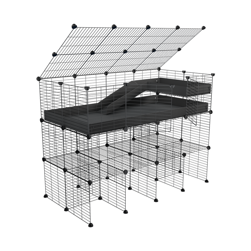 A 2x4 kavee black C and C guinea pig cage with three levels a loft a ramp a lid made of small size meshing safe grids