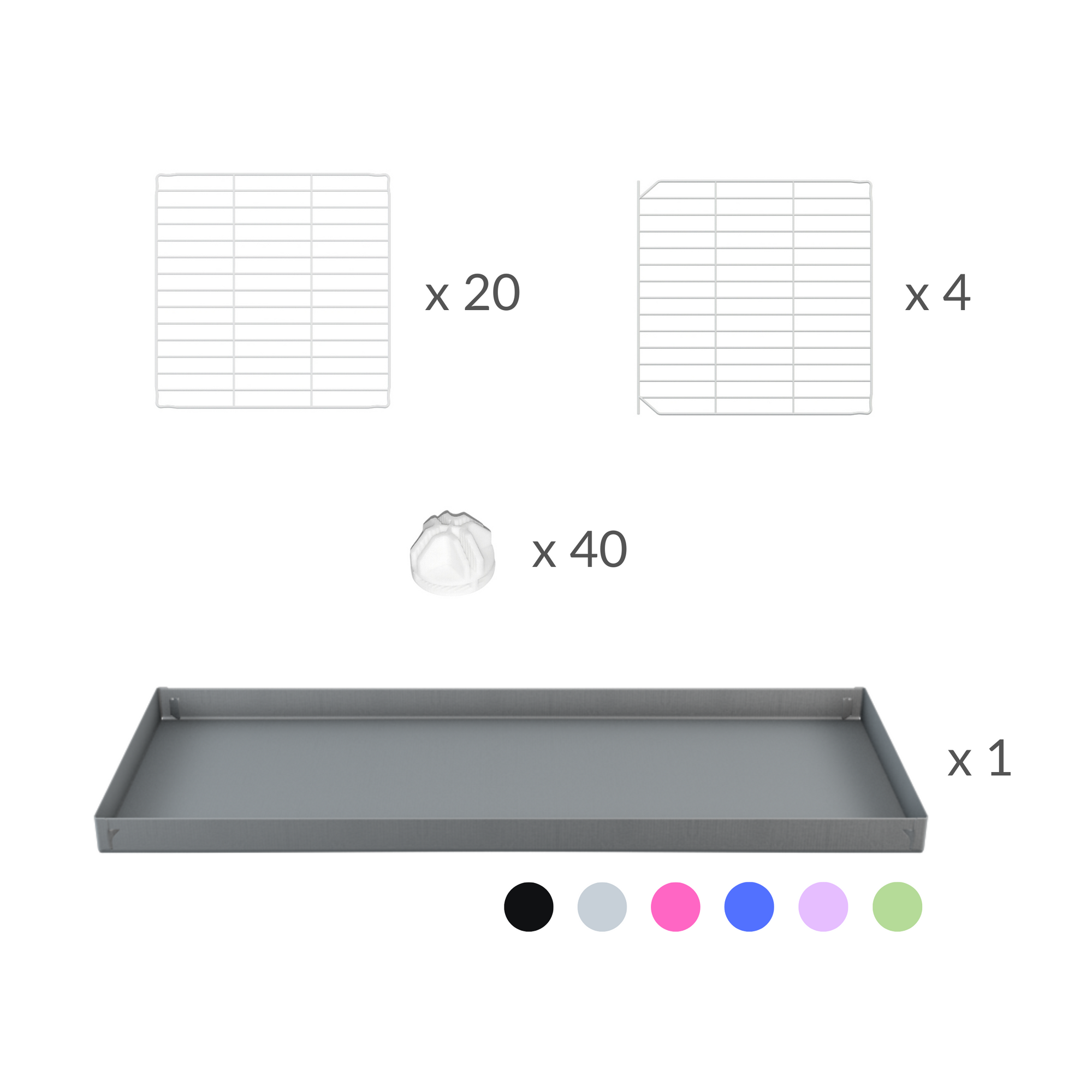 Components of A 2x5 C and C cage for guinea pigs with grey coroplast a lid and small hole white CC grids from brand kavee