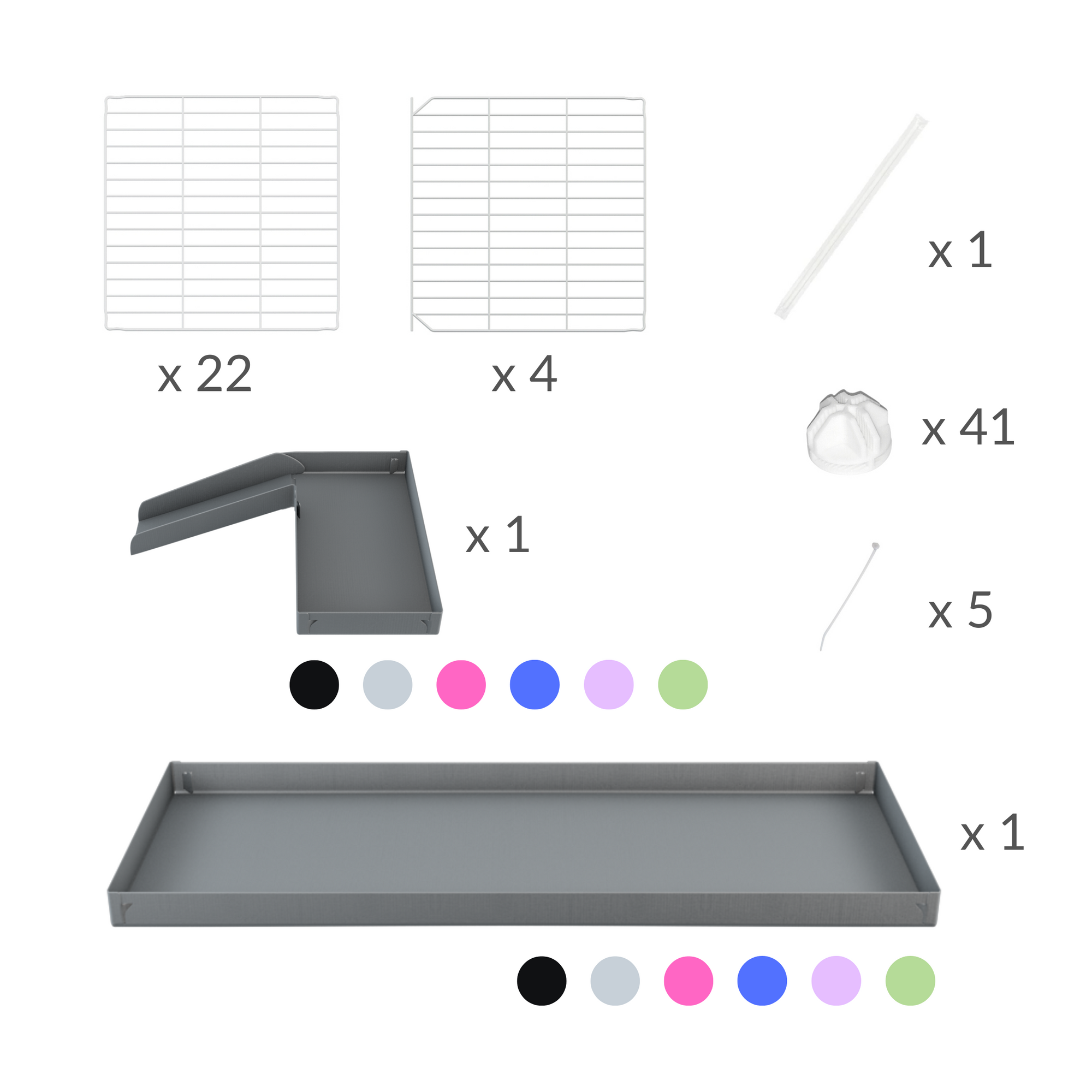 Components of a 2x5 C and C guinea pig cage with loft ramp lid small hole size white CC grids grey coroplast kavee