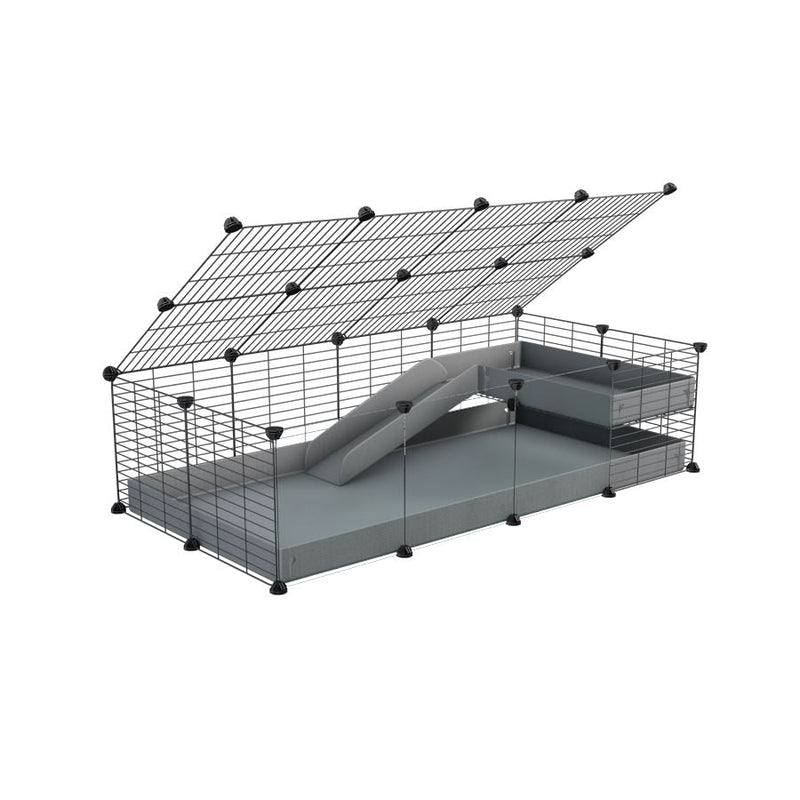 a 2x4 C and C guinea pig cage with clear transparent plexiglass acrylic panels  with loft ramp lid small hole size grids grey coroplast kavee