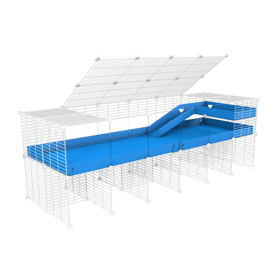 A 2x6 C and C guinea pig cage with clear transparent plexiglass acrylic panels  with stand loft ramp lid small size meshing safe white C and C grids blue correx sold in UK