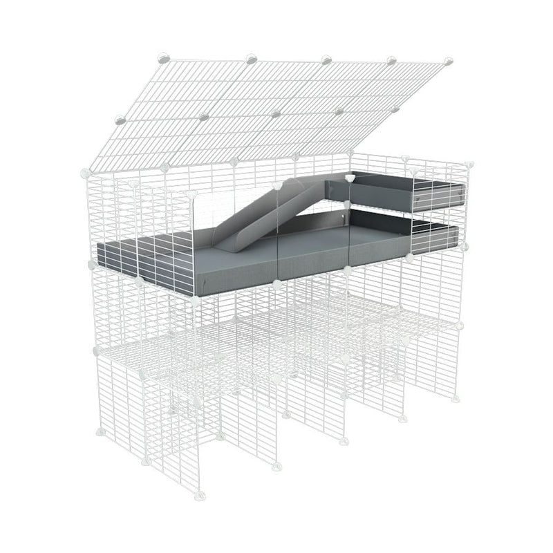 A 4x2 kavee grey C&C guinea pig cage with clear transparent plexiglass acrylic panels  with a lid three levels a loft a ramp made of small size hole safe white grids