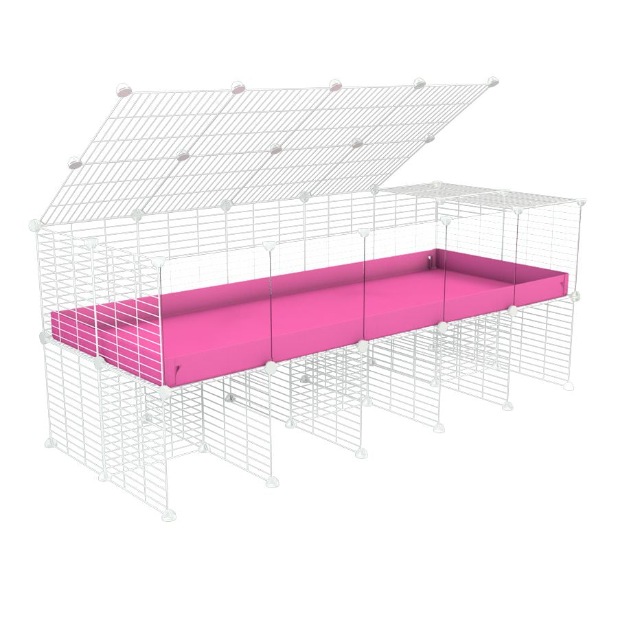 a 5x2 C&C cage with clear transparent perspex acrylic windows  for guinea pigs with a stand and a top pink plastic safe white grids by kavee