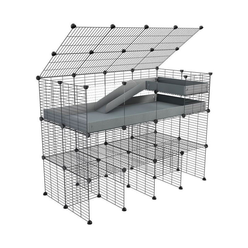 A 2x4 kavee grey CC guinea pig cage with clear transparent plexiglass acrylic panels  with three levels a loft a ramp a lid made of baby bars safe grids