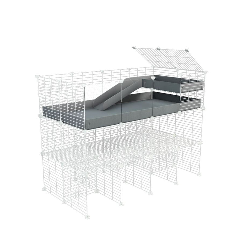 A 4x2 kavee grey CC guinea pig cage with clear transparent plexiglass acrylic panels  with three levels a loft a ramp made of small size hole safe white CC grids