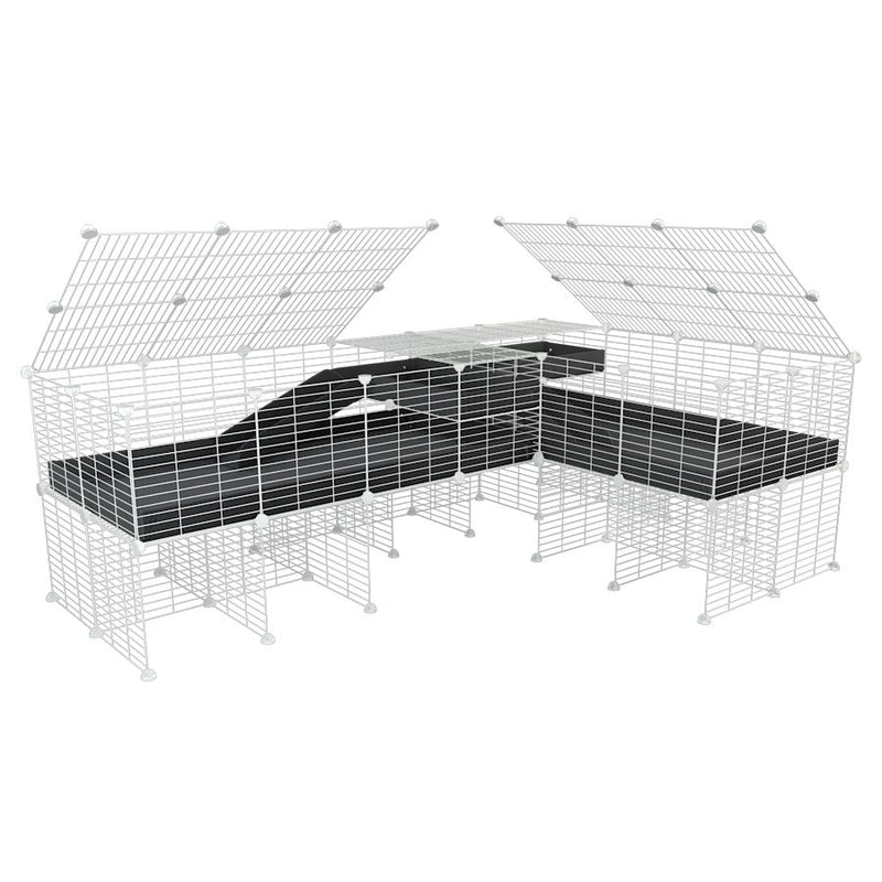 A 8x2 L-shape white C&C cage with lid divider stand loft ramp for guinea pig fighting or quarantine with black coroplast from brand kavee