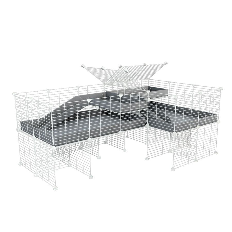 A 6x2 L-shape white C&C cage with divider and stand loft ramp for guinea pig fighting or quarantine with grey coroplast from brand kavee