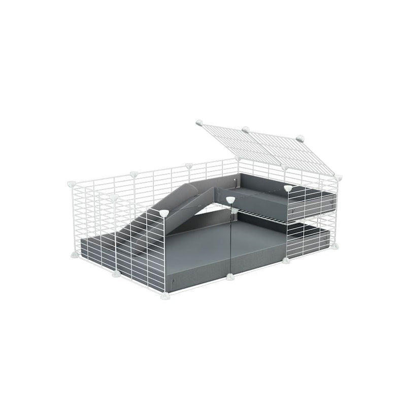 a 3x2 C&C guinea pig cage with clear transparent plexiglass acrylic panels  with a loft and a ramp grey coroplast sheet and baby bars white CC grids by kavee