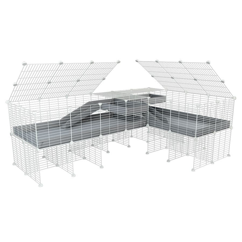 A 8x2 L-shape white C&C cage with lid divider stand loft ramp for guinea pig fighting or quarantine with grey coroplast from brand kavee