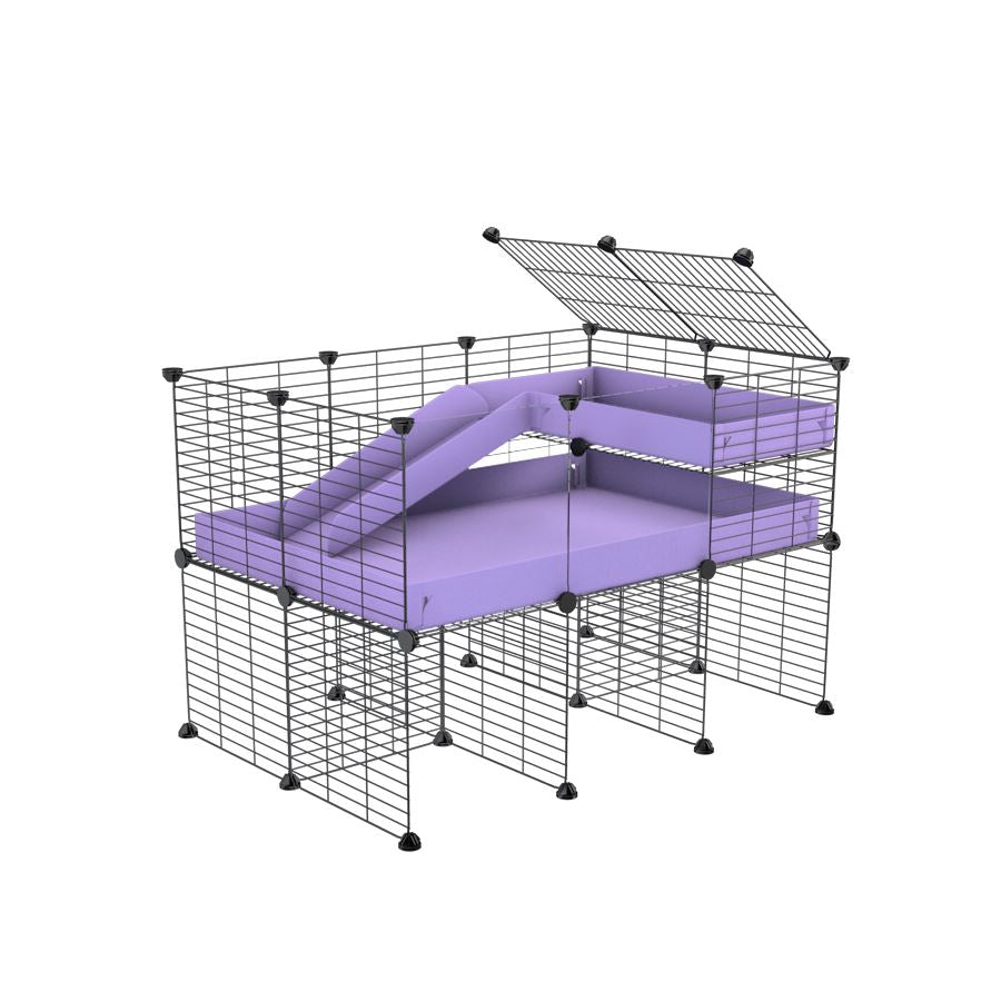 a 3x2 CC guinea pig cage with clear transparent plexiglass acrylic panels  with stand loft ramp small mesh grids purple lilac pastel corroplast by brand kavee