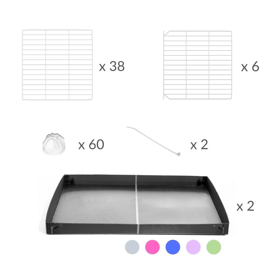 Composition of A 6x2 C and C rabbit cage with a top and safe small size baby proof white C and C grids and grey coroplast by kavee UK