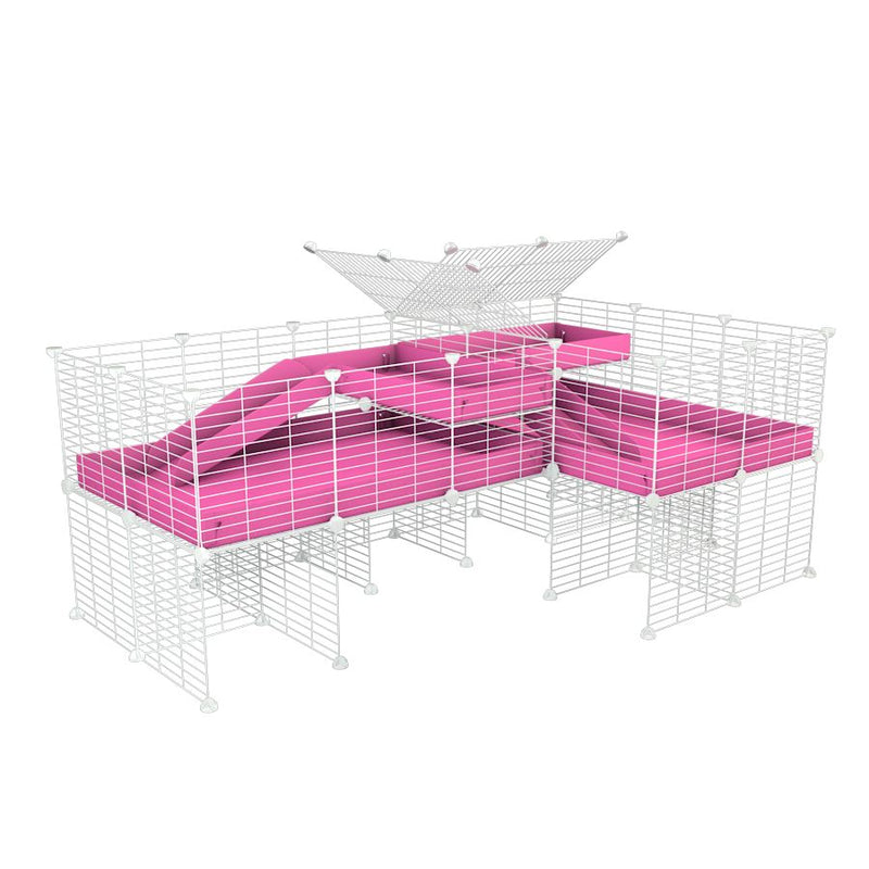 A 6x2 L-shape white C&C cage with divider and stand loft ramp for guinea pig fighting or quarantine with pink coroplast from brand kavee