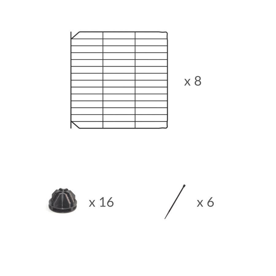 Composition of 8 black safe small mesh C&C door grid to create hinged doors and lids on C and C cages for guinea pigs by kavee UK